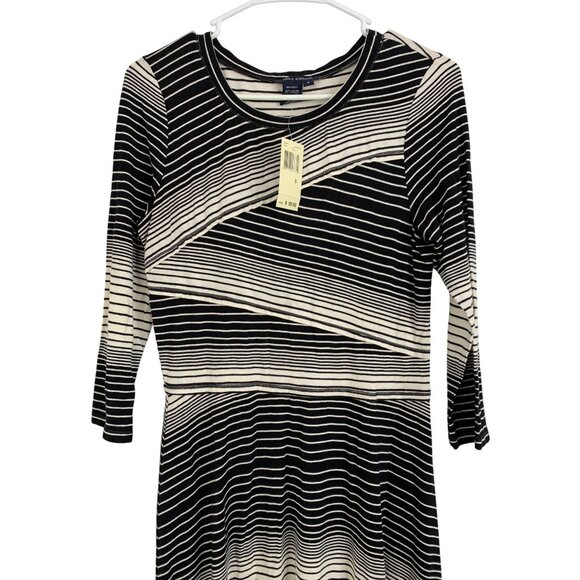 Black White Striped Fit & Flare Dress Max Edition 3/4 Sleeves Asym Hem Small - Picture 7 of 7